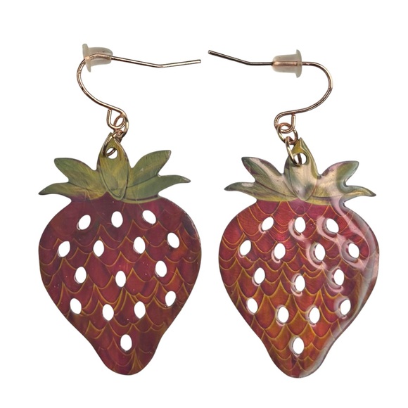Handmade Strawberry Shaped Dangle Earrings Hand Painted Laser Cut Resin, [2”] - Picture 2 of 8